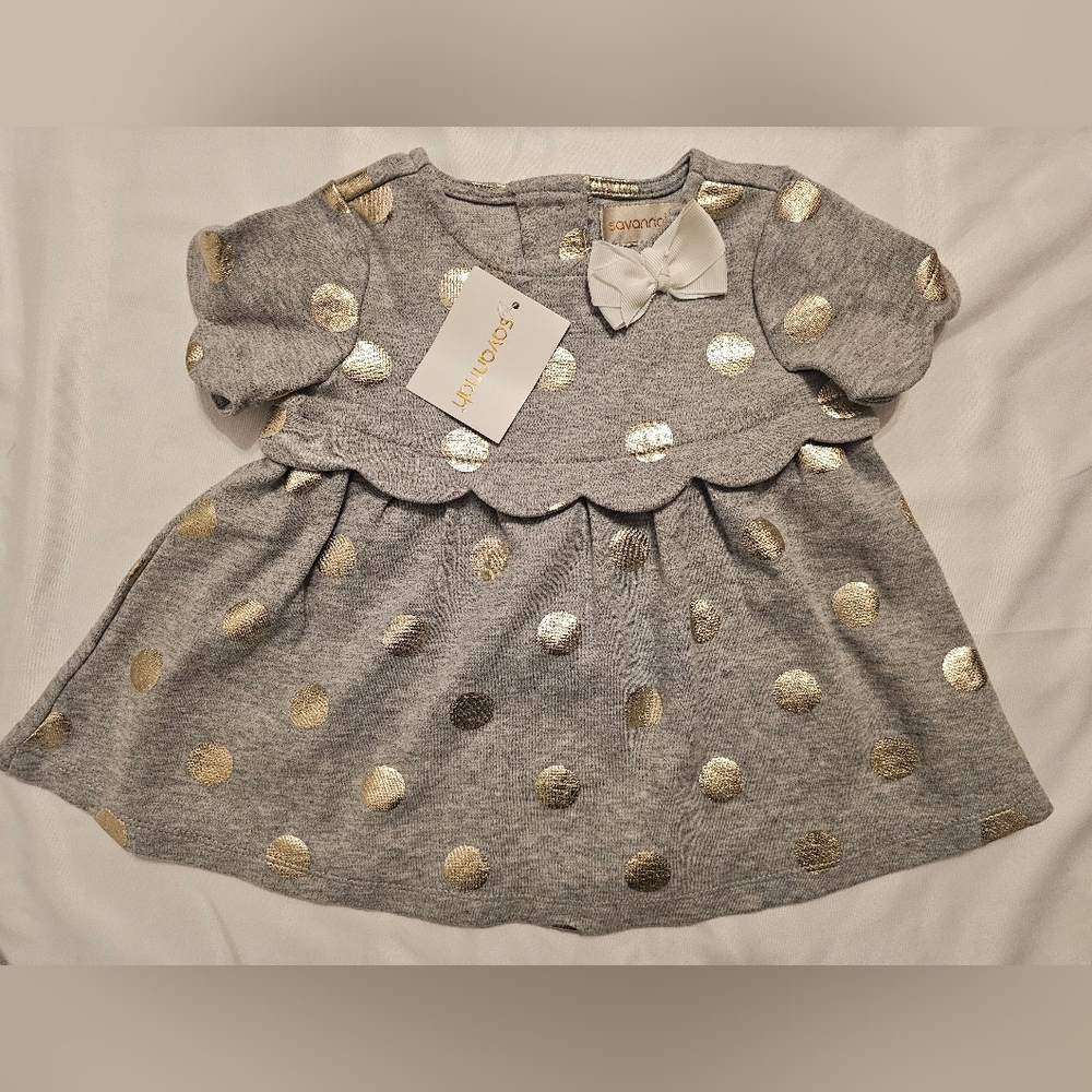 Adorable Baby Gray Party Dress with Gold Accents- Size 3-6 Month- NWT